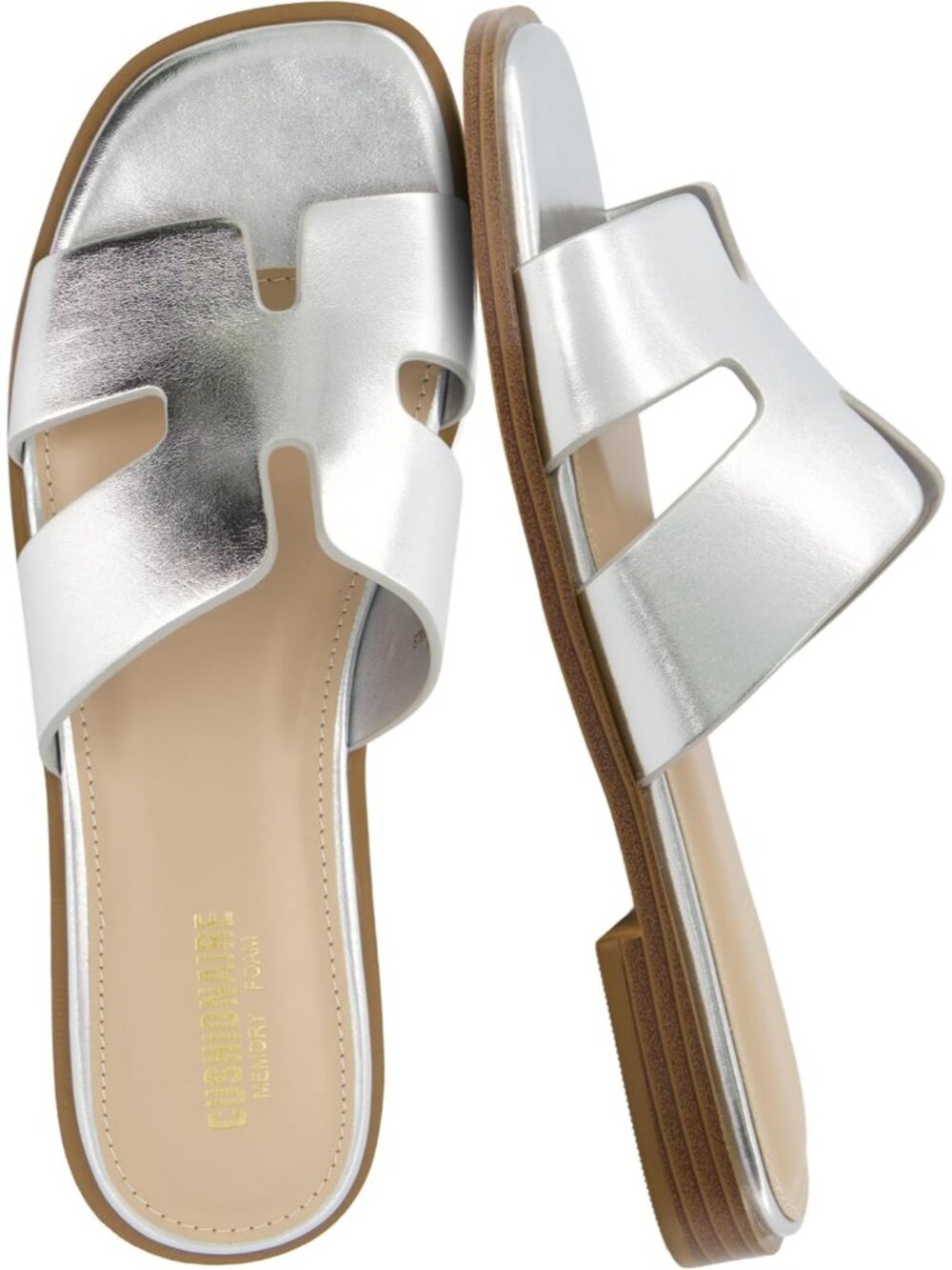 Women's Silver Memory Foam Vegan Leather Cutout Strap Slides Slip On Flat Shoes